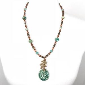 Handmade copper & teil green rose pendant necklace